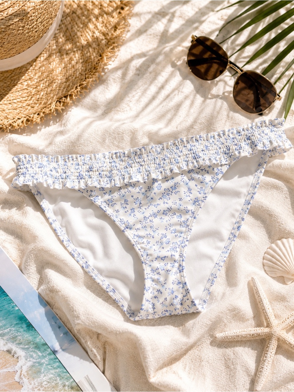 Hollister Floral Bikini Bottoms Blue White Ruffle Low Rise Y2K M